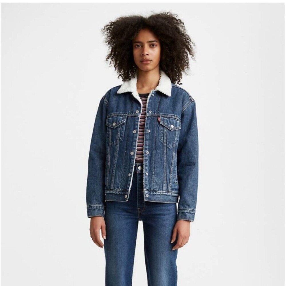 Levi’s Sherpa Lined Collar Ex-Boyfriend Trucker Denim Jacket Women’s Sz M Blue
